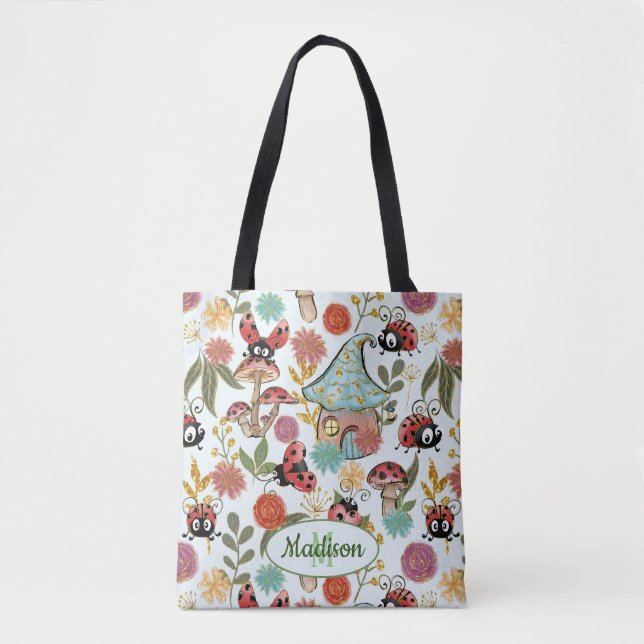 Cute Colourful Whimsical Ladybugs Glitter Monogram Tote Bag (Front)