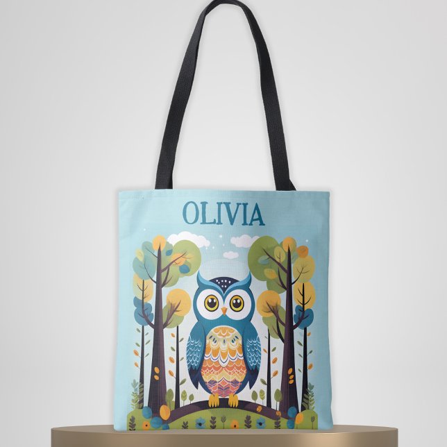 Cute Colourful Whimsical Owl at Woodland Tote Bag (Creator Uploaded)