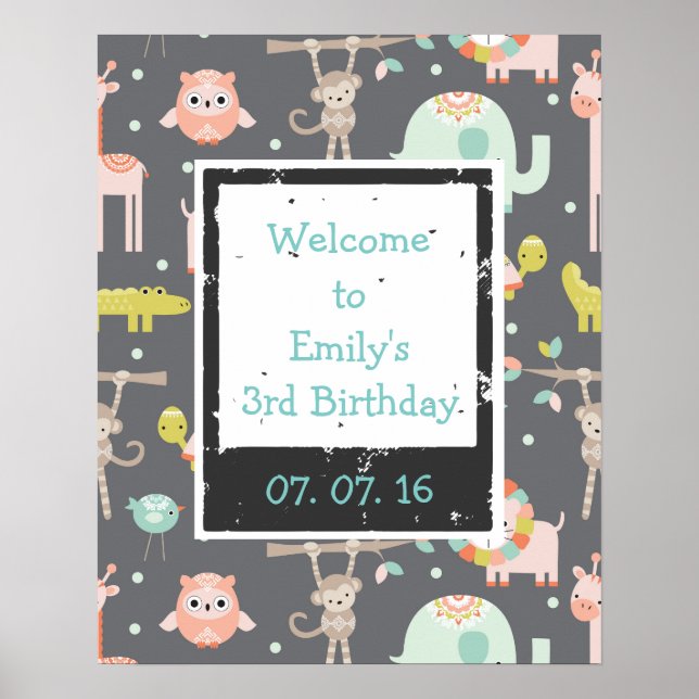 Cute Colourful Wild Animals  Birthday Welcome Poster (Front)