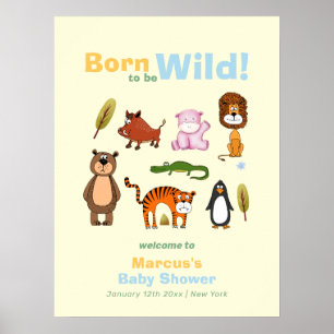 Cute Colourful Wild Safari Boy Baby Shower Welcome Poster