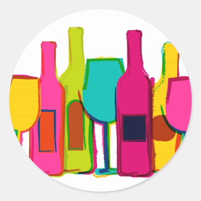 Cute colourful wine bottles pattern classic round sticker (Front)