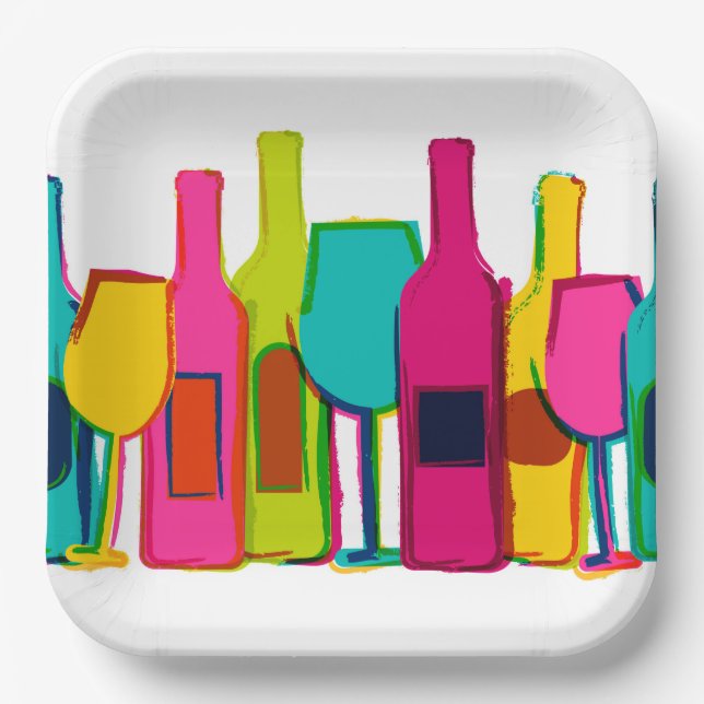 Cute colourful wine bottles pattern paper plate (Front)