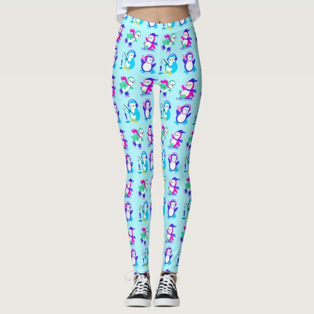 Cute Colourful Winter Penguins Leggings (Front)