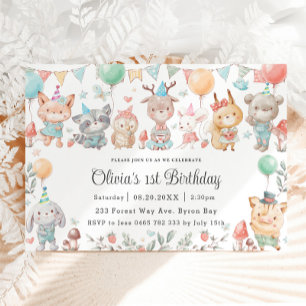 Cute Colourful Woodland Animals Birthday Party  Invitation
