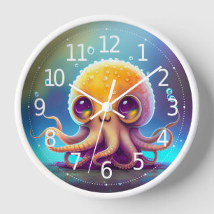 Cute Colourful Yellow Octopus Alien Artwork Clock