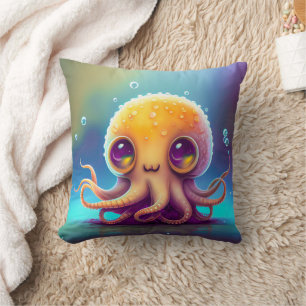 Cute Colourful Yellow Octopus Alien Artwork Cushion
