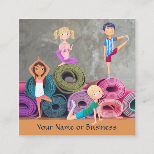 Cute Colourful Yoga Kids Yoga Mats and Studio Square Business Card (Front)