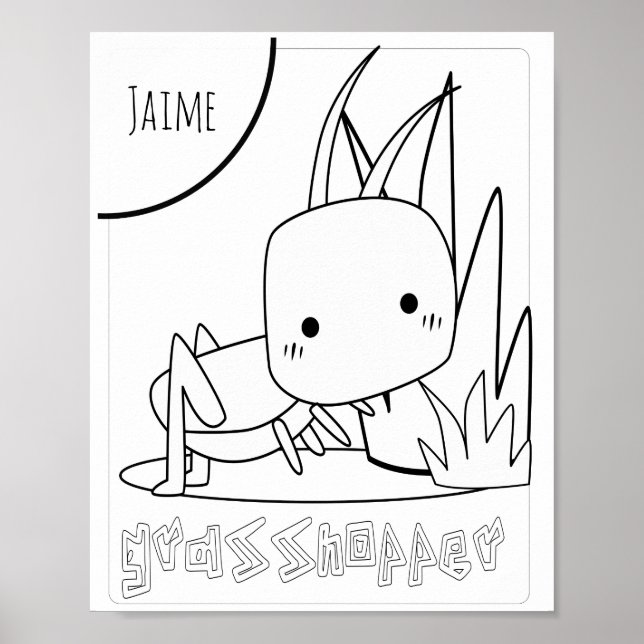 Cute Colouring Bugs Grasshopper Name Poster (Front)