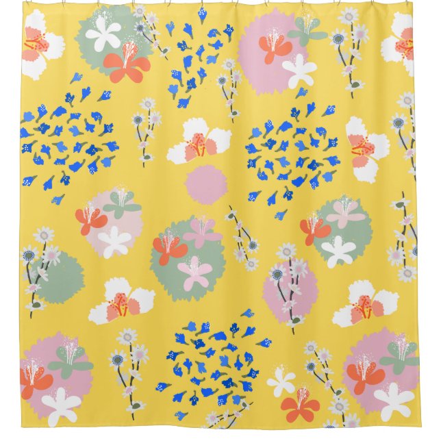 Cute colours floral l Modern retro l Yellow Shower Curtain (Front)