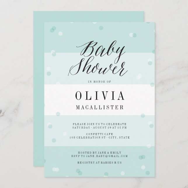 Cute Confetti Aqua Stripes Boy Baby Shower Invite (Front/Back)