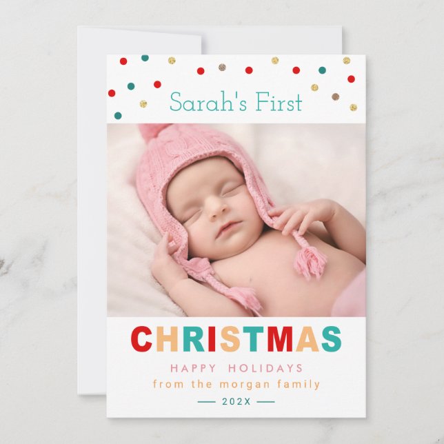 Cute Confetti Dots Baby's First Christmas Photo Holiday Card (Front)