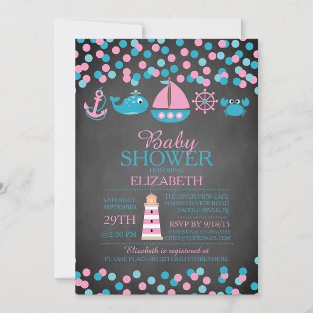 Cute Confetti Nautical Girl Baby Shower Invitation (Front)