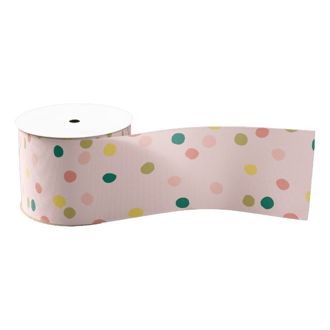 Cute Confetti Polka Dots Pattern Pink Green Grosgrain Ribbon (Spool)