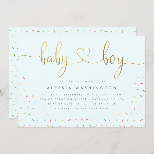 Cute Confetti Sprinkle Gold Boy Baby Shower Invitation (Front/Back)