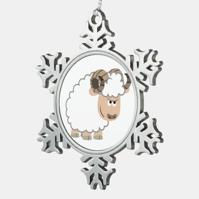Cute Confident Cartoon Ram Snowflake Pewter Christmas Ornament (Right)