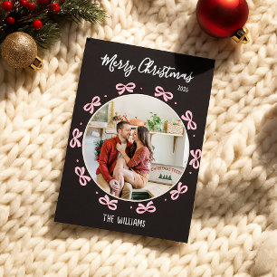Cute Conquette Black & Pink Bow Holiday Photo Card