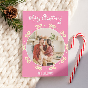 Cute Conquette Pink Bow Holiday Custom Photo   Card