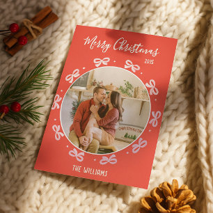 Cute Conquette Pink Bow Holiday Custom Photo   Card