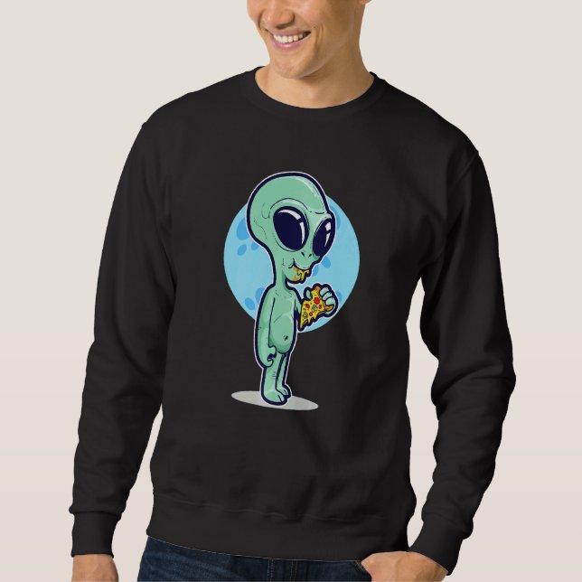 Cute Conspiracy Theory UFO Alien Eating Pizza Sweatshirt (Front)