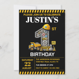 Cute Construction 1st Birthday Party Invitation