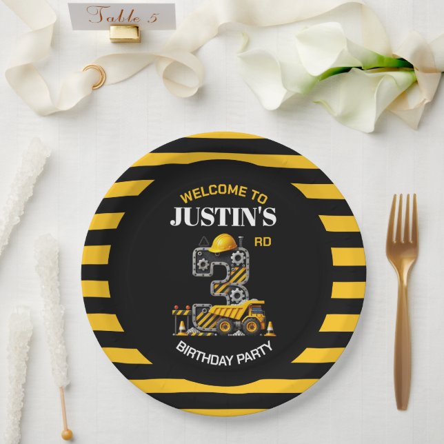 Cute Construction 3rd Birthday Party Paper Plates (Wedding)