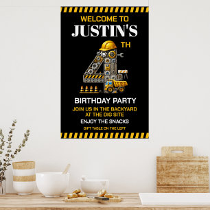 Cute Construction 4th Birthday Party Poster