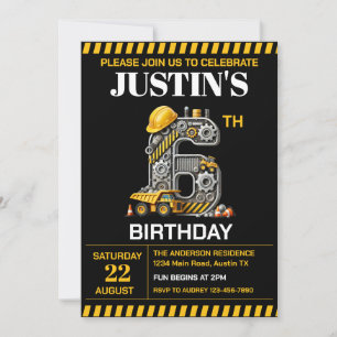 Cute Construction 6th Birthday Party Invitation