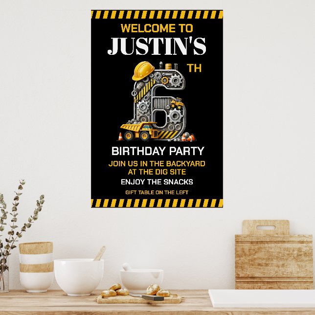 Cute Construction 6th Birthday Party Poster (Kitchen)
