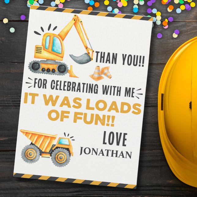 Cute Construction Birthday Boy Party Thank You Card (Creator Uploaded)