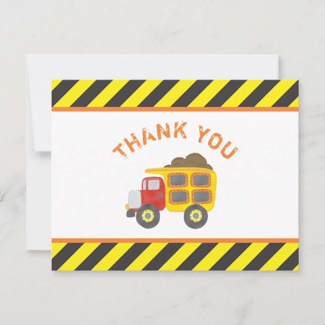 Cute Construction Birthday Party Dump Truck Thank You Card (Front)
