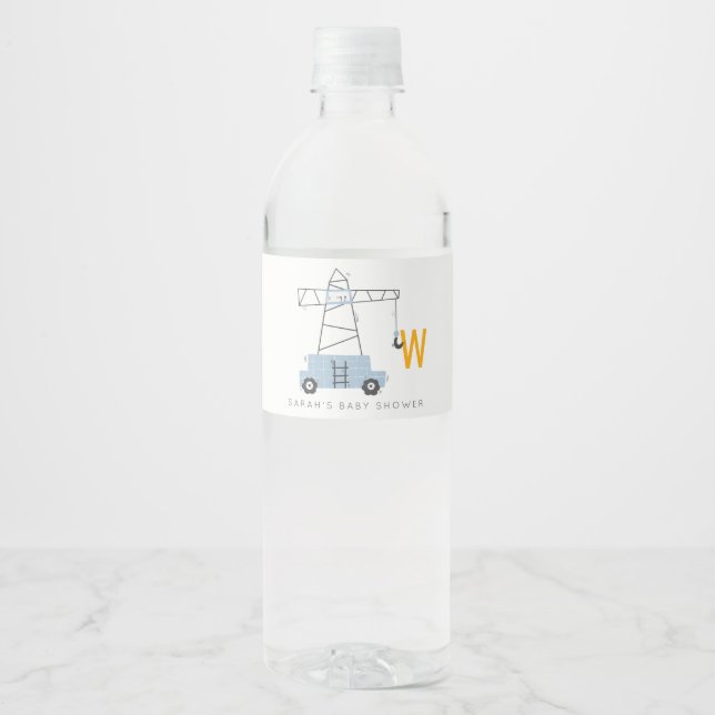 Cute Construction Crane Boy's Urban Baby Shower Water Bottle Label (Front)