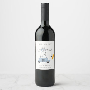 Cute Construction Crane Boy's Urban Baby Shower Wine Label