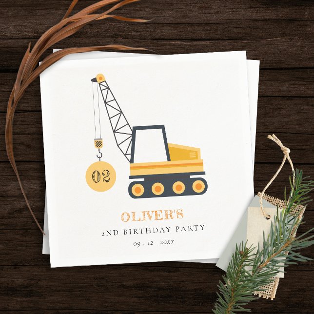 Cute Construction Crane Vehicle Any Age Birthday Napkin (Creator Uploaded)