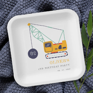 Cute Construction Crane Vehicle Any Age Birthday Paper Plate