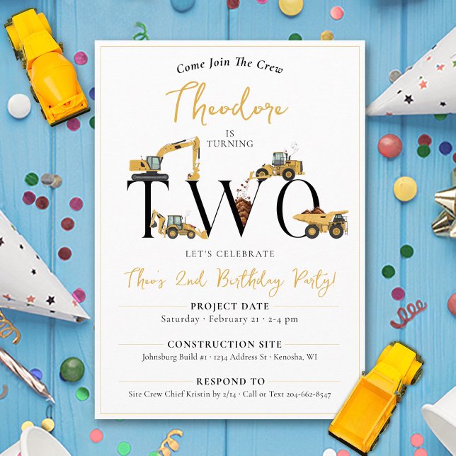 Cute Construction Dump Truck 2nd Birthday Party Invitation (Boys fun construction theme party dump trucks digger join the crew TWO 2nd birthday invitation)