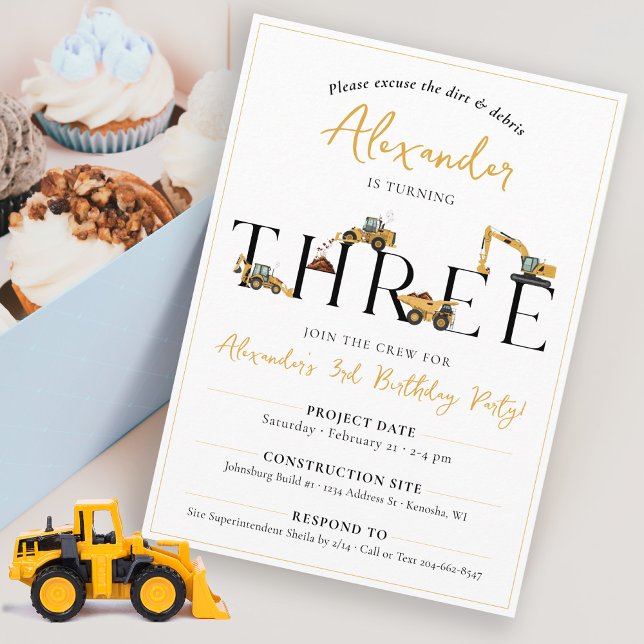 Cute Construction Dump Truck 3rd Birthday Party Invitation (Cute modern minimalist dump truck construction THREE 3rd birthday party invitation for a boy)
