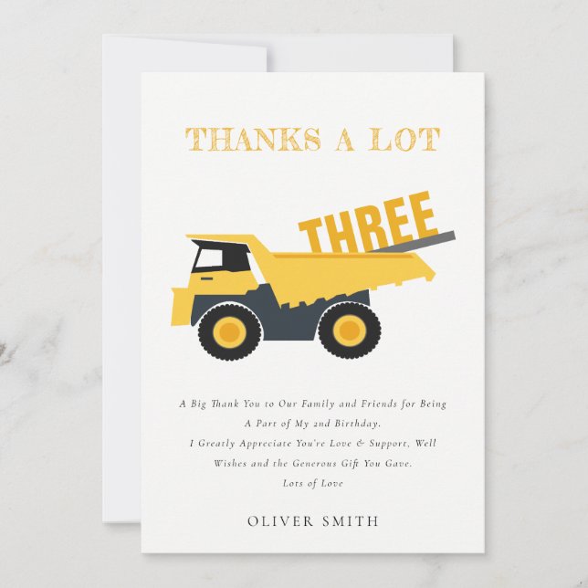 Cute Construction Dump Truck Any Age Birthday Thank You Card (Front)