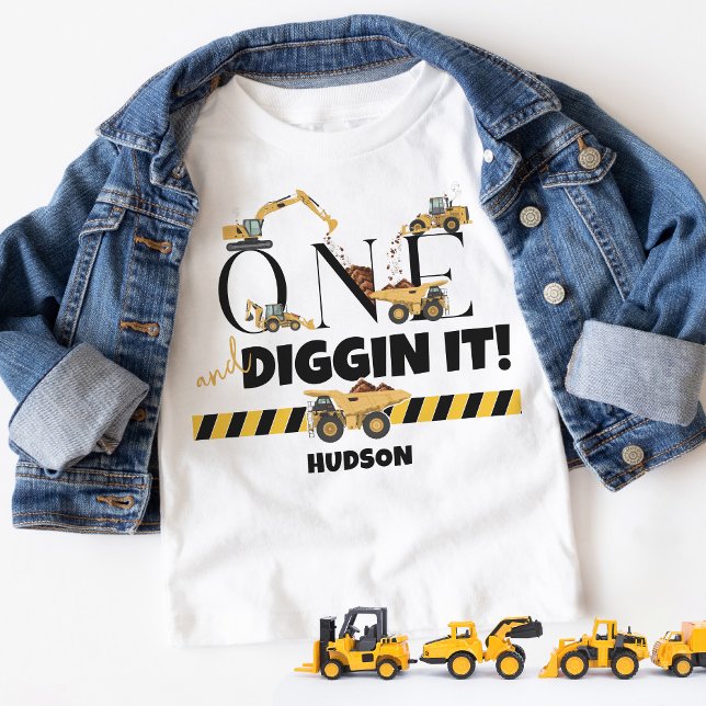 Cute Construction Dump Truck Boy 1st Birthday Baby T-Shirt (Funny ONE and Diggin It dump truck digger loader construction theme toddler boy 1st birthday t-shirt)
