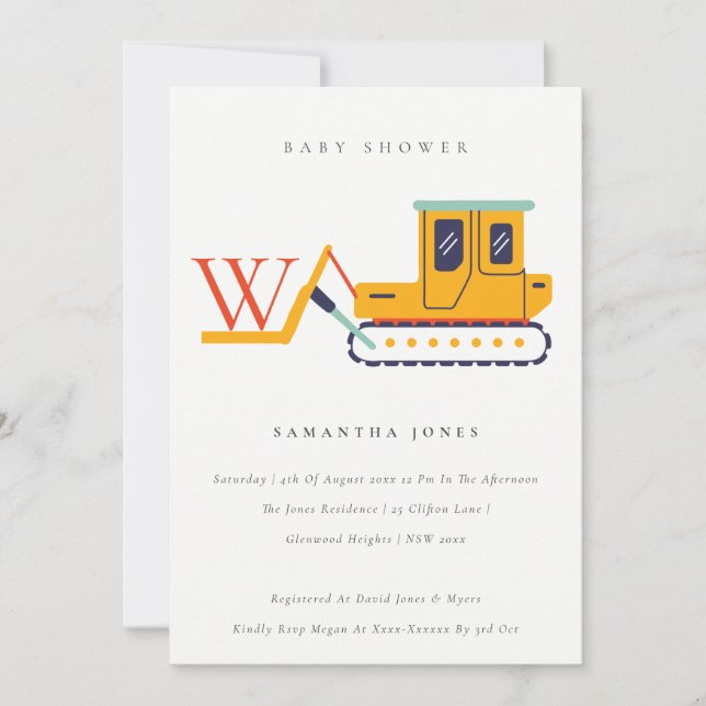 Cute Construction Fork Lift Monogram Baby Shower Thank You Card (Front)