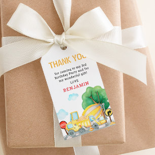 Cute Construction Kids Birthday Thank You Favour Gift Tags