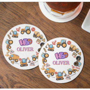 Cute Construction Theme Birthday Party Round Paper Coaster