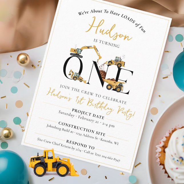 Cute Construction Trucks Boys 1st Birthday Party Invitation (Cute ONE construction site vehicles simple 1st birthday party invitation for boys, dump truck digger)