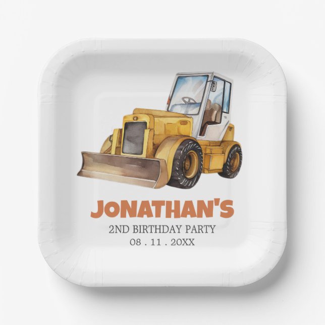 Cute Construction Vehicle Bulldozer Birthday Party Paper Plate (Front)