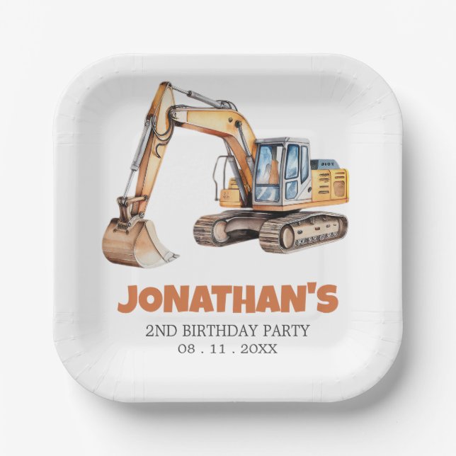 Cute Construction Vehicle Excavator Birthday Party Paper Plate (Front)