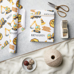 Cute Construction Vehicles Boy Birthday Wrapping Paper