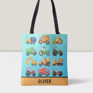 Cute Construction Vehicles Boys Personalised Tote Bag