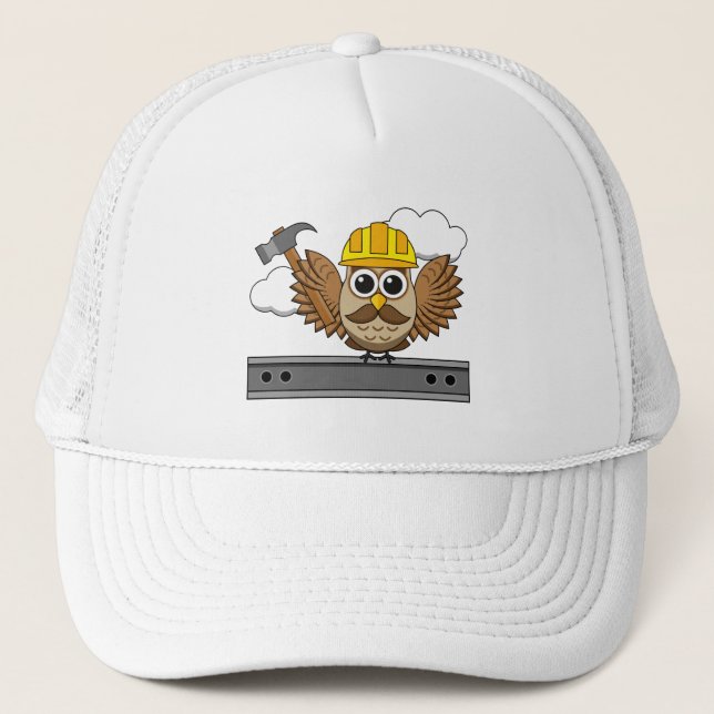 Cute Construction Worker Owl with Hard Hat Cartoon (Front)