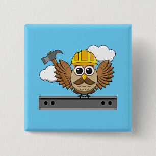 Cute Construction Worker Owl with Hard Hat Cartoon 15 Cm Square Badge
