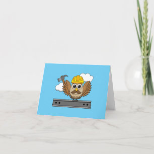 Cute Construction Worker Owl with Hard Hat Cartoon Card