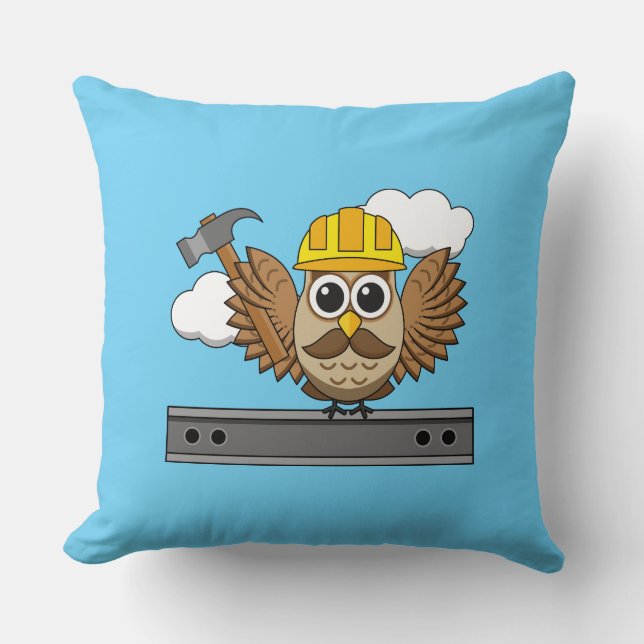 Cute Construction Worker Owl with Hard Hat Cartoon Cushion (Front)